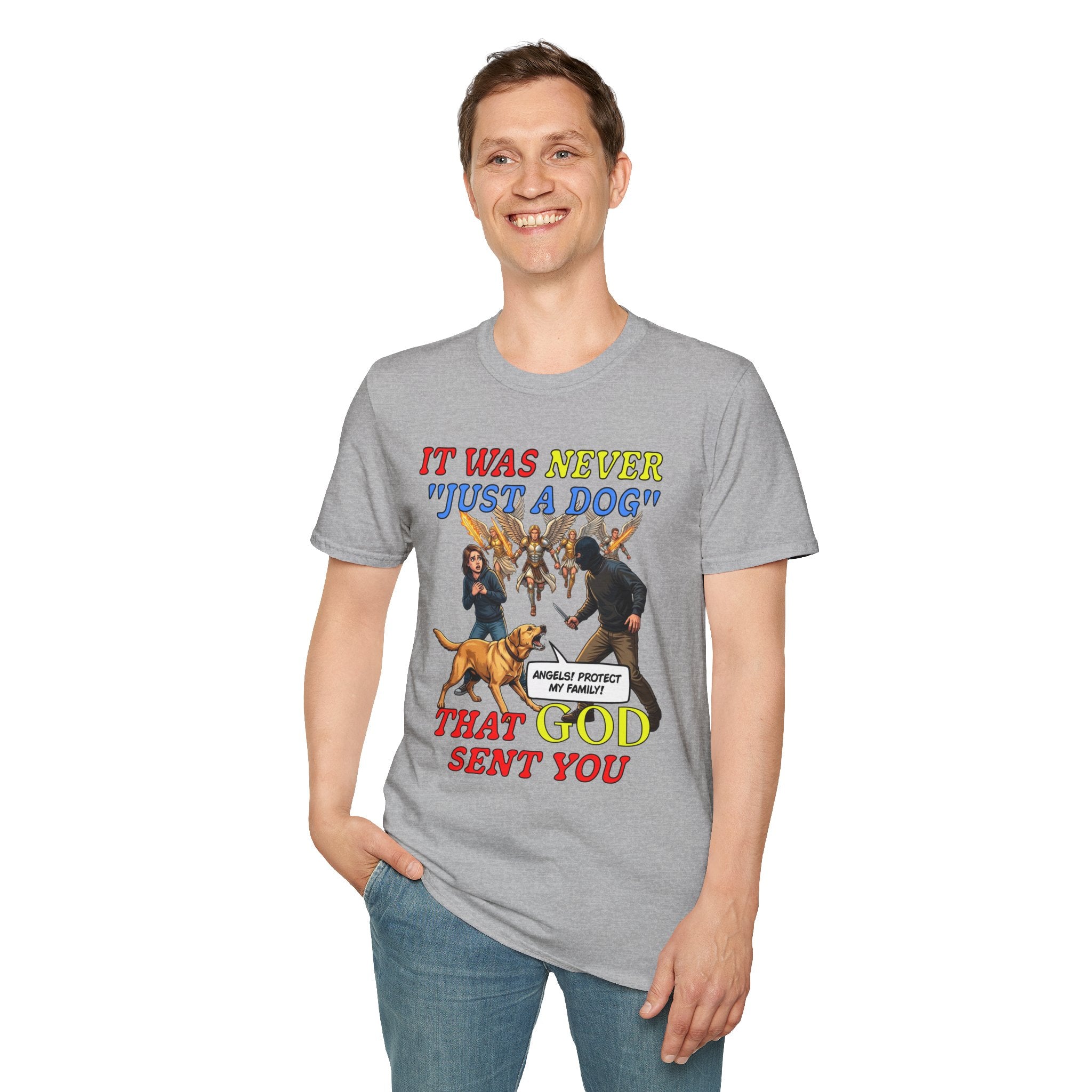 Dog Lovers "It Was Never Just A Dog" Faith Based Dog Lovers T-Shirt. (contains AI generated human mock-ups)