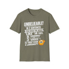 T-Shirt — “Unbelievable! You Used the Word ‘Like’ 14 Times” Funny Conversation Tee - Light lettering. (AI Generated Human Mock-Ups)