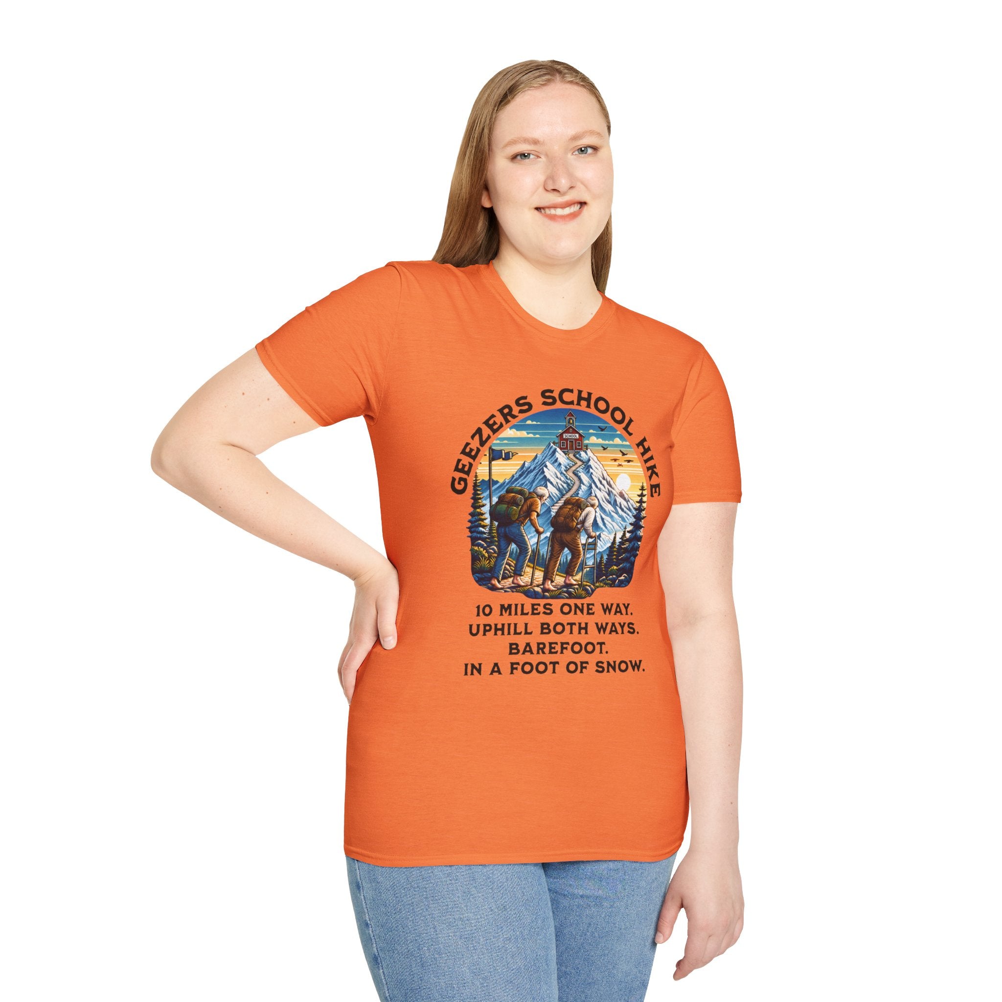 Geezers School Hike Vintage Mountain Graphic ("10 Miles One Way…Barefoot, In A Foot Of Snow") - T-Shirt
