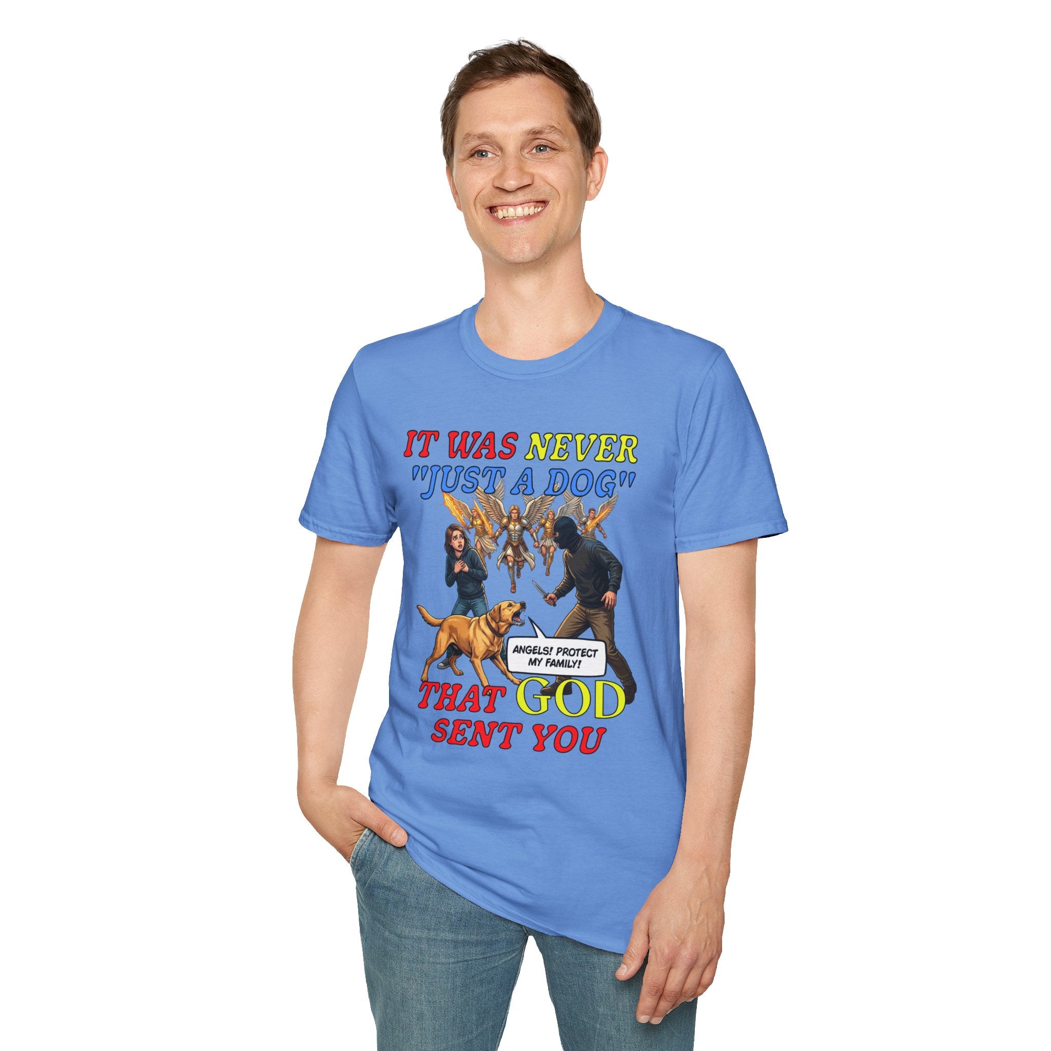 Dog Lovers "It Was Never Just A Dog" Faith Based Dog Lovers T-Shirt. (contains AI generated human mock-ups)