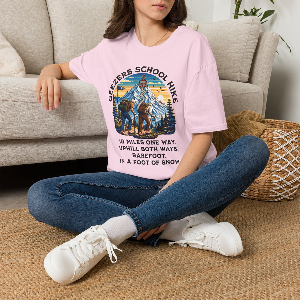 Geezers School Hike Vintage Mountain Graphic ("10 Miles One Way…Barefoot, In A Foot Of Snow") - T-Shirt