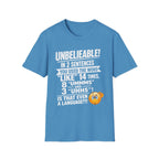 T-Shirt — “Unbelievable! You Used the Word ‘Like’ 14 Times” Funny Conversation Tee - Light lettering. (AI Generated Human Mock-Ups)