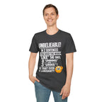 T-Shirt — “Unbelievable! You Used the Word ‘Like’ 14 Times” Funny Conversation Tee - Light lettering. (AI Generated Human Mock-Ups)