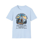 Geezers School Hike Vintage Mountain Graphic ("10 Miles One Way…Barefoot, In A Foot Of Snow") - T-Shirt