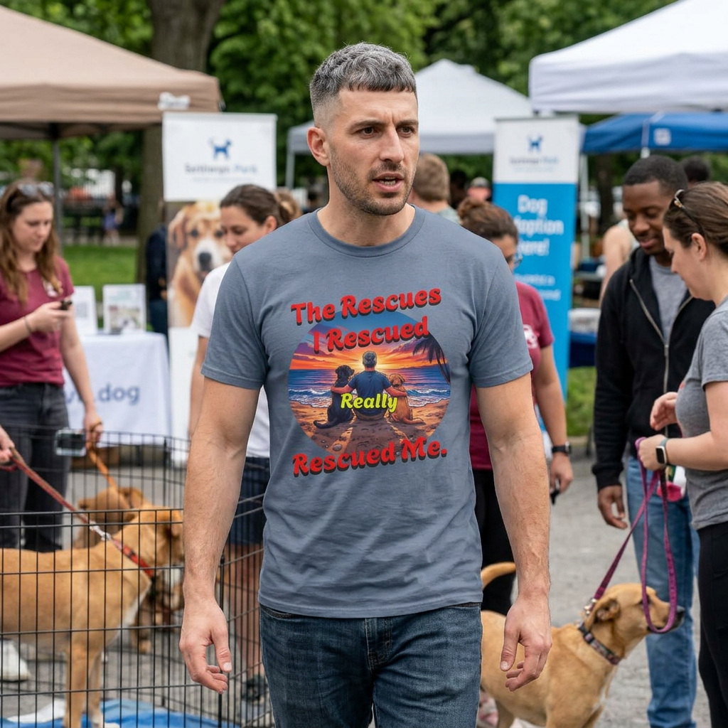 Rescue Dogs Beach Sunset T-Shirt — "My Rescues Rescued Me"