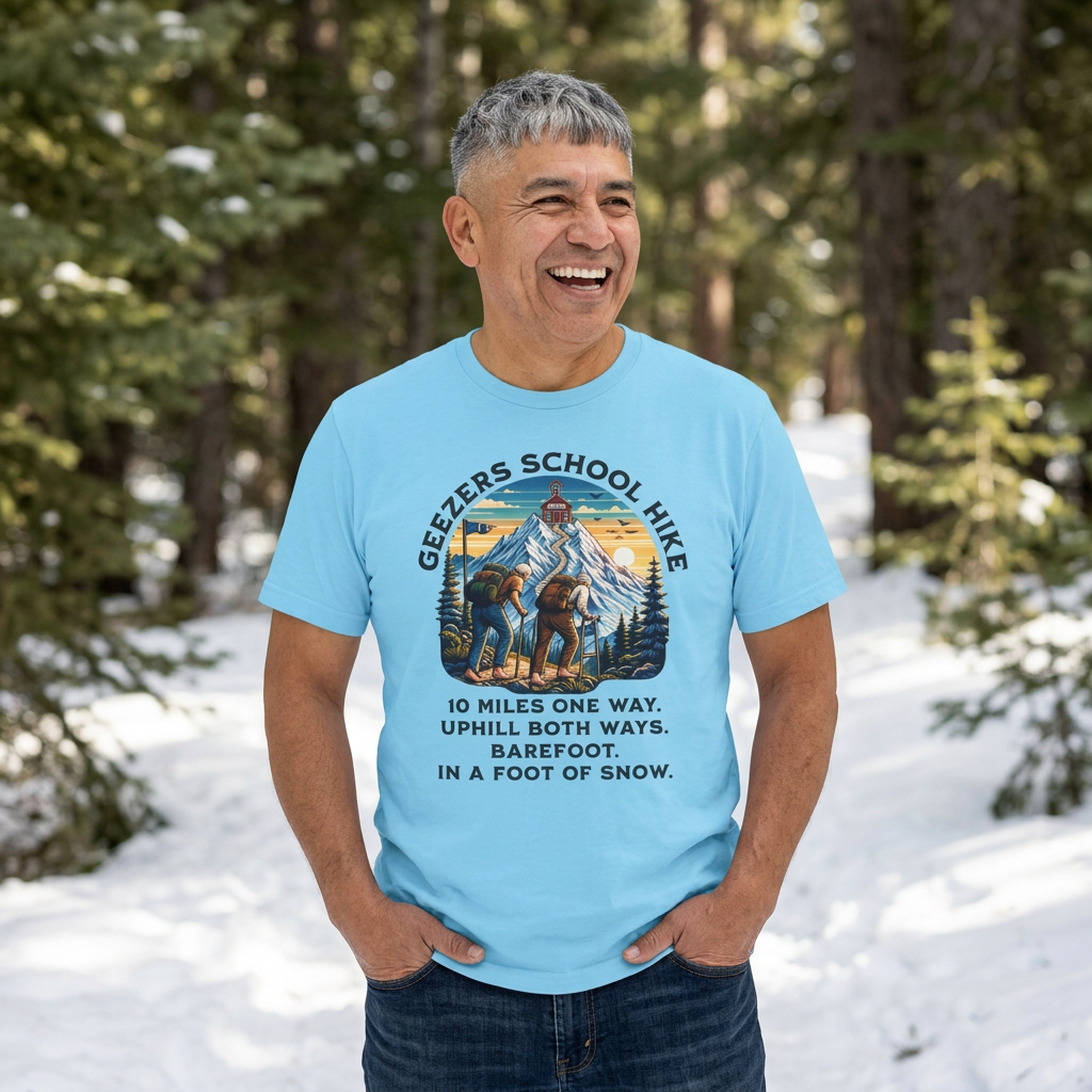 Geezers School Hike Vintage Mountain Graphic ("10 Miles One Way…Barefoot, In A Foot Of Snow") - T-Shirt