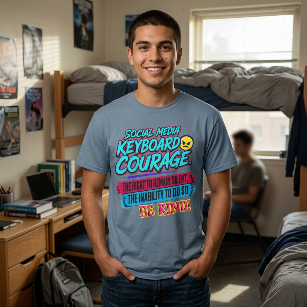 “Social Media Keyboard Courage” Graphic Tee (Be Kind Message) - T-Shirt    (AI Generated Human Mock-Ups)