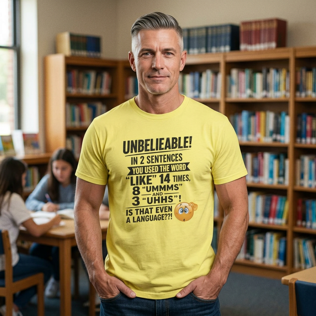T-Shirt — “Unbelievable! You Used the Word ‘Like’ 14 Times” Funny Conversation Tee - Dark lettering. (AI Generated Human Mock-Ups)