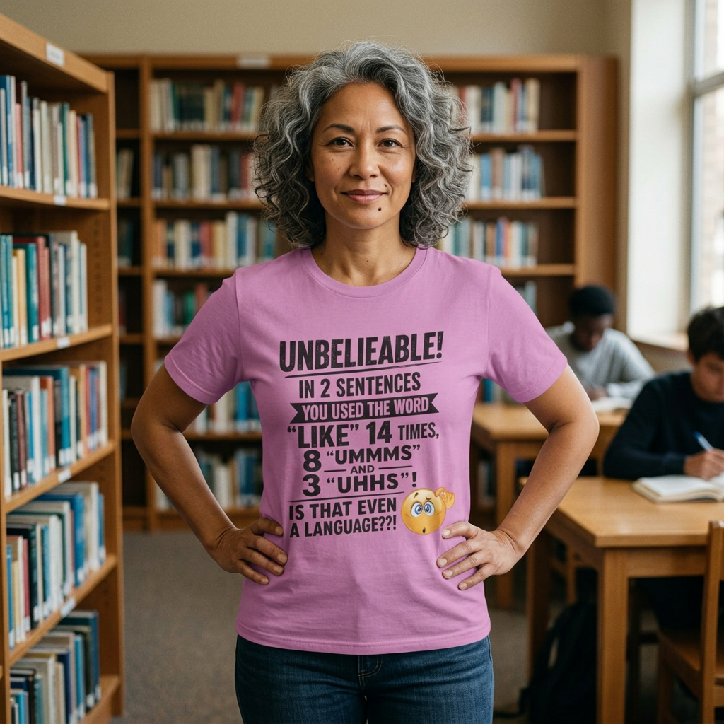 T-Shirt — “Unbelievable! You Used the Word ‘Like’ 14 Times” Funny Conversation Tee - Dark lettering. (AI Generated Human Mock-Ups)