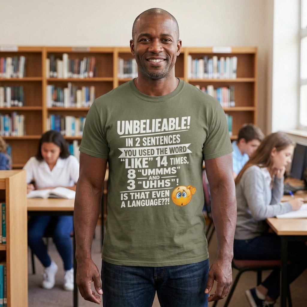 T-Shirt — “Unbelievable! You Used the Word ‘Like’ 14 Times” Funny Conversation Tee - Light lettering. (AI Generated Human Mock-Ups)