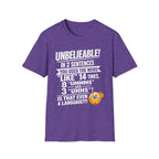 T-Shirt — “Unbelievable! You Used the Word ‘Like’ 14 Times” Funny Conversation Tee - Light lettering. (AI Generated Human Mock-Ups)