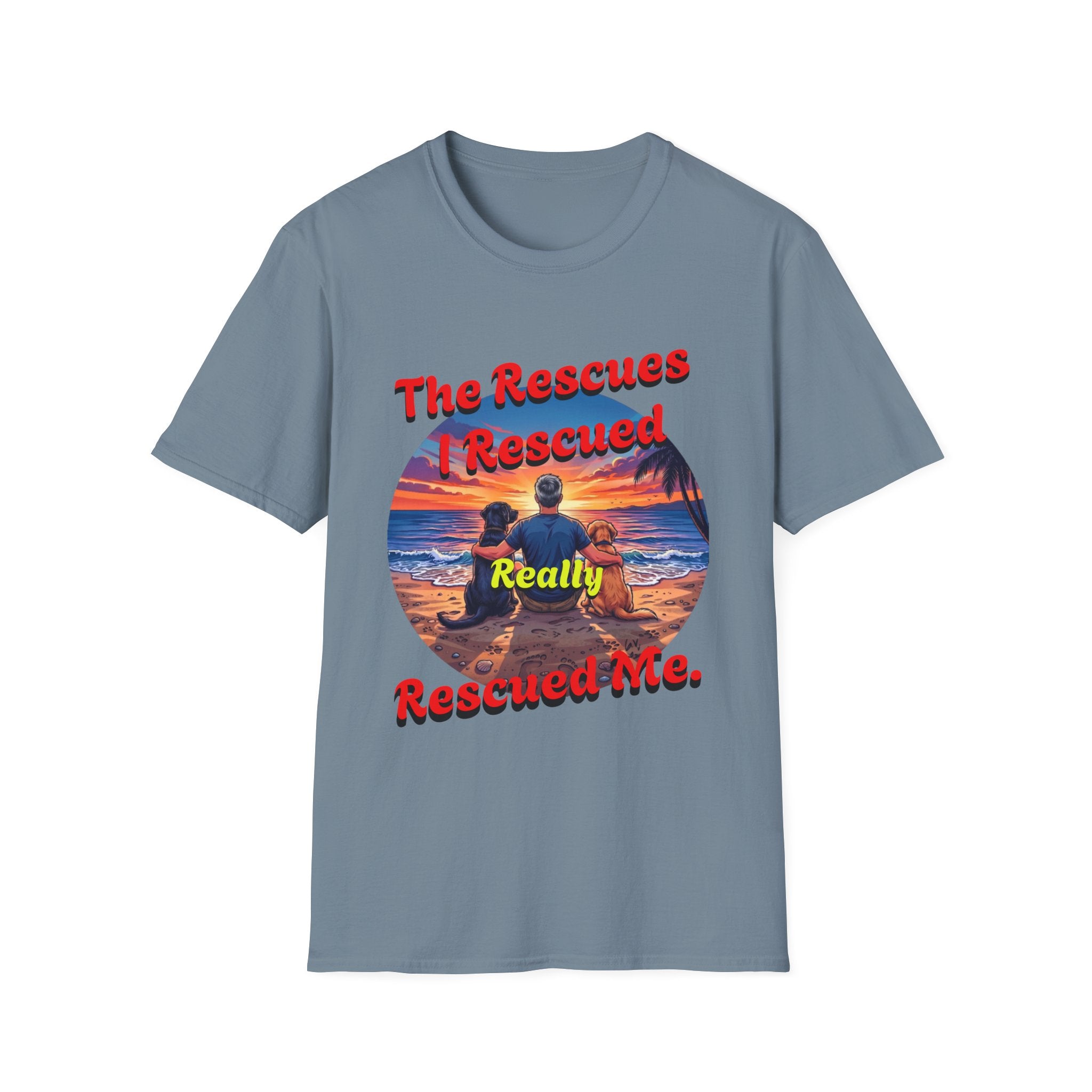 Rescue Dogs Beach Sunset T-Shirt — "My Rescues Rescued Me"