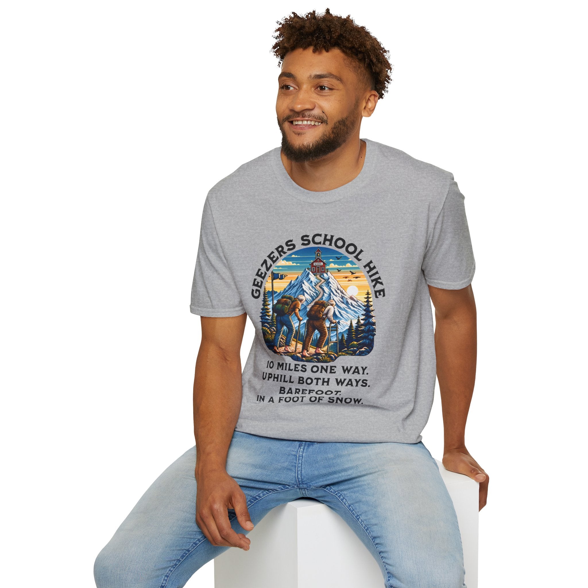 Geezers School Hike Vintage Mountain Graphic ("10 Miles One Way…Barefoot, In A Foot Of Snow") - T-Shirt