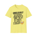 T-Shirt — “Unbelievable! You Used the Word ‘Like’ 14 Times” Funny Conversation Tee - Dark lettering. (AI Generated Human Mock-Ups)